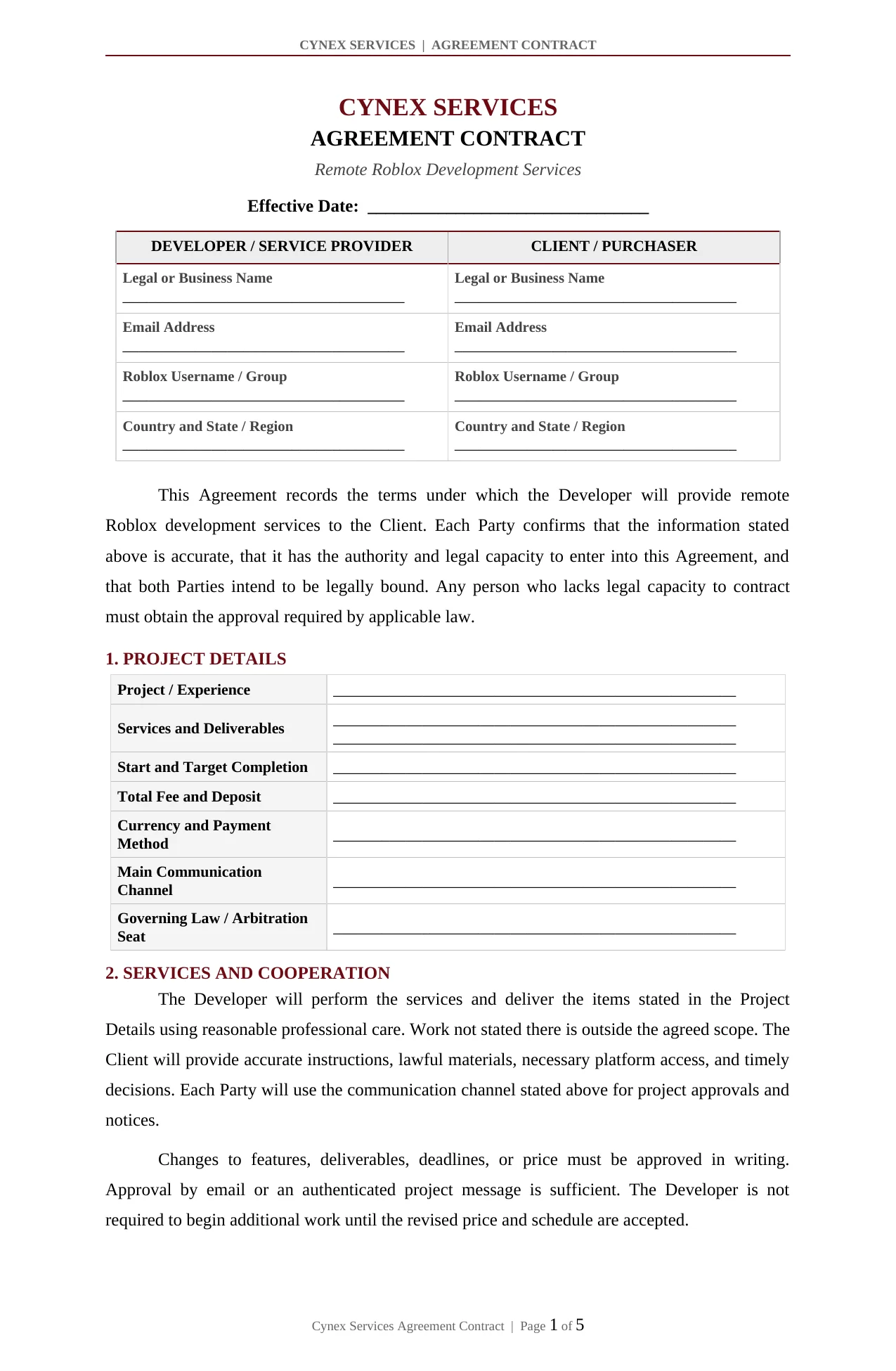 Page 1: party information, project details, and services