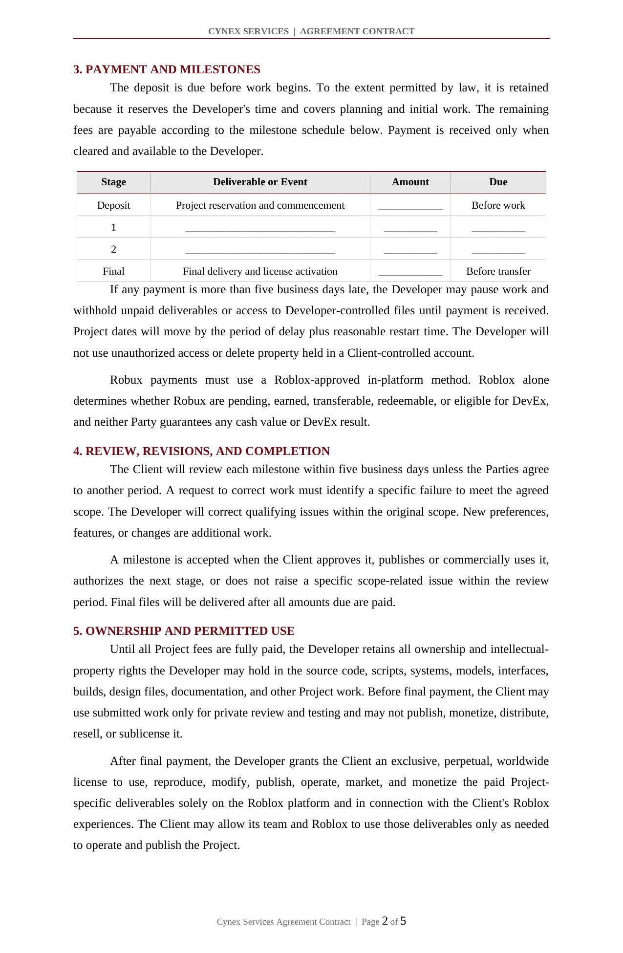 Page 2: payment, milestones, review, revisions, and ownership