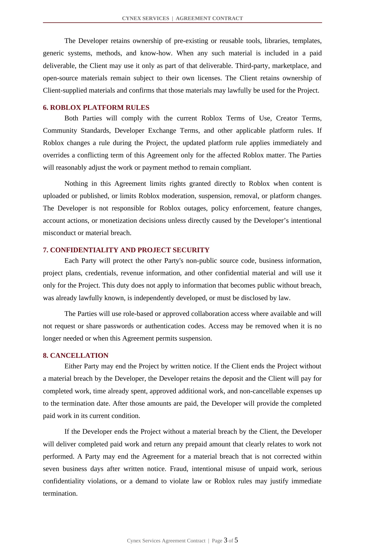 Page 3: permitted use, Roblox platform rules, confidentiality, and cancellation