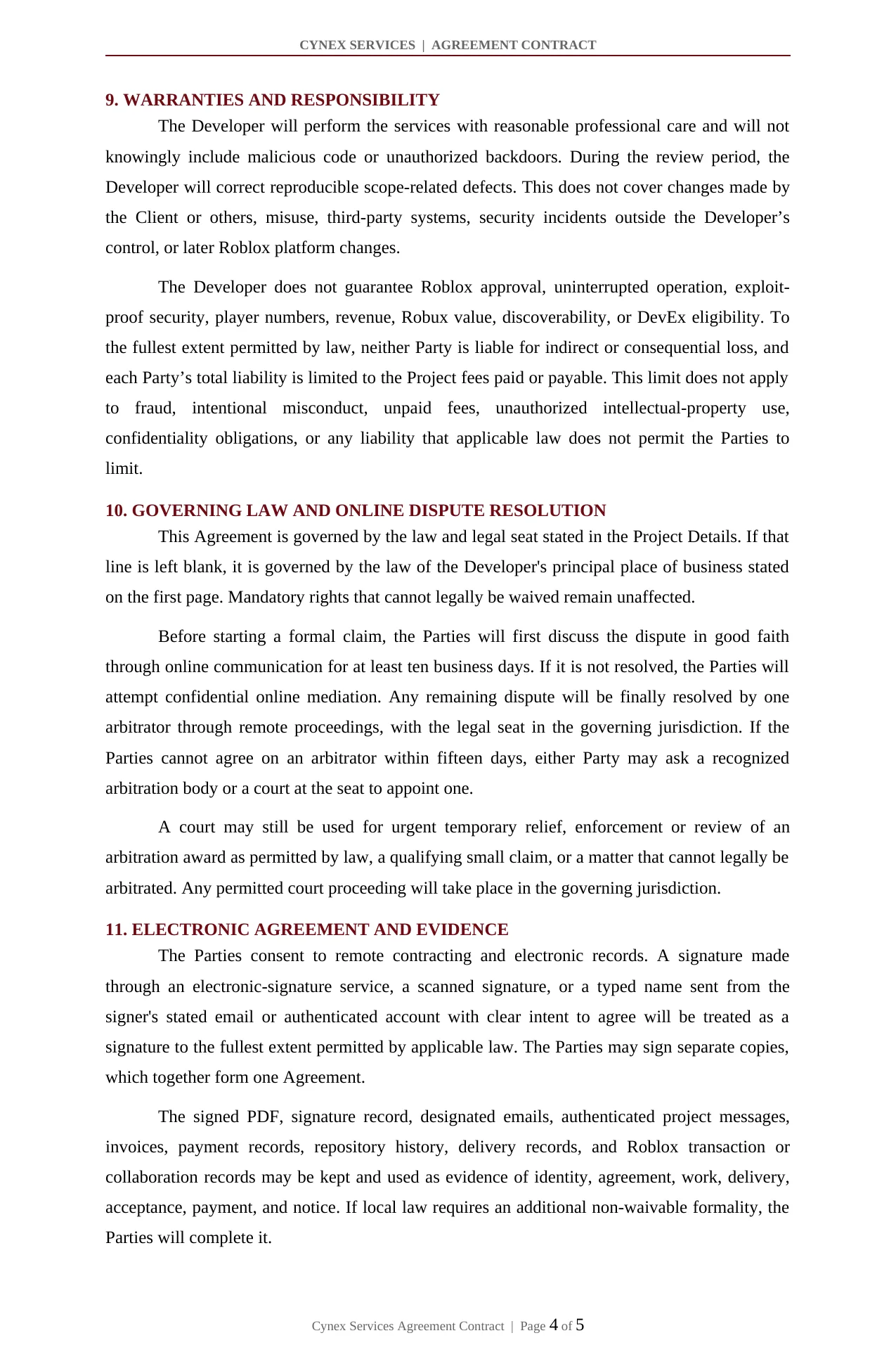 Page 4: warranties, responsibility, dispute resolution, and electronic agreement